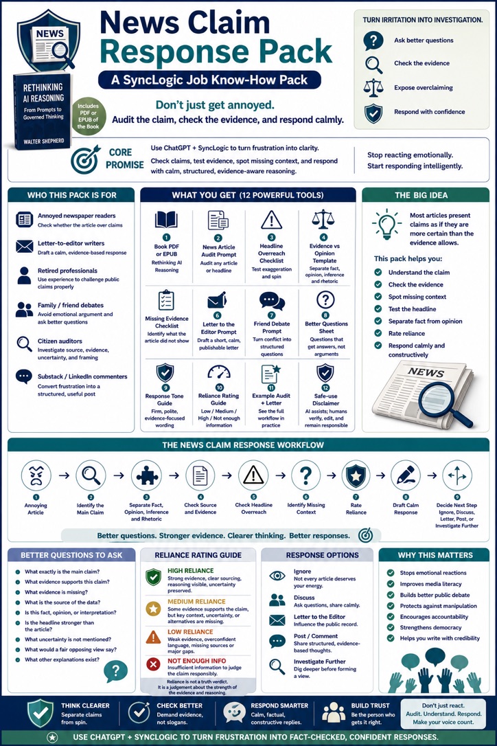 Infographic showing the News Claim Response Pack, including the target users, 12 tools, claim-checking workflow, reliance guide and response options.